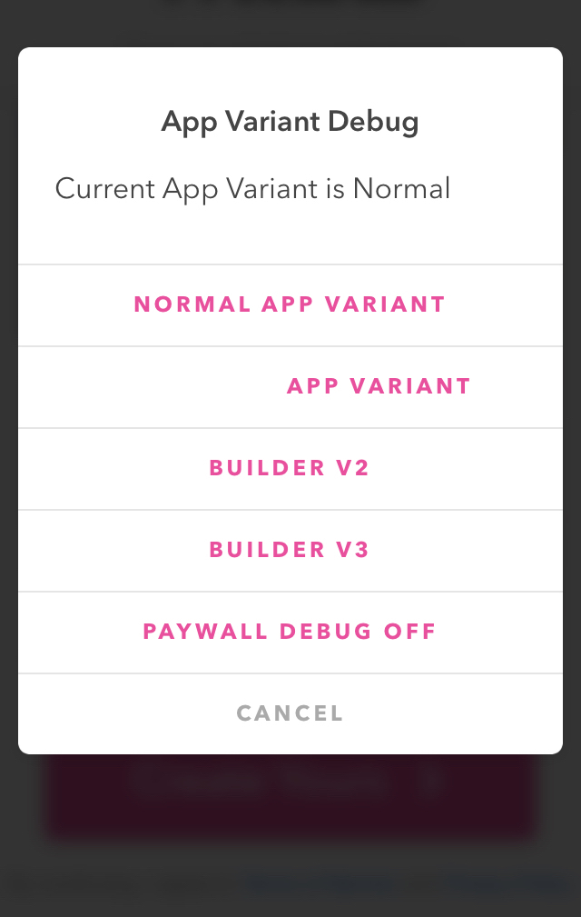 App variant debug popup